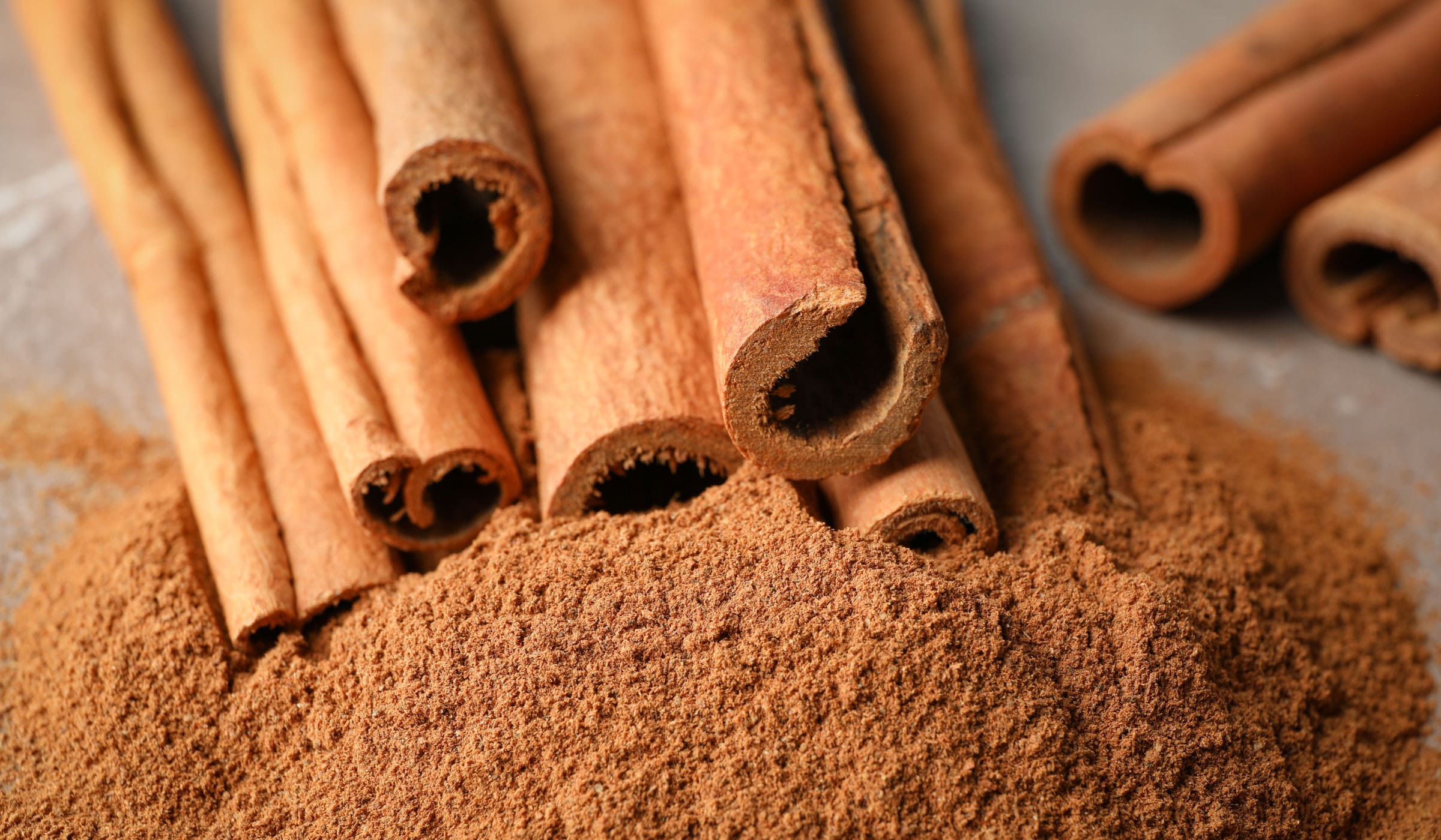 Cinnamon sticks and powder on grey background