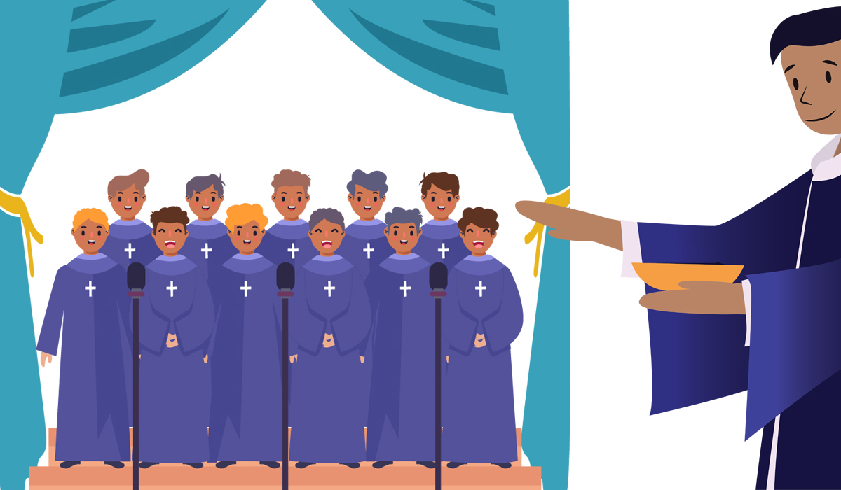 Priest blessing the faithful with church choir singing