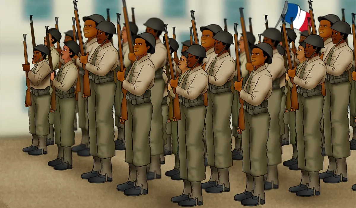 Bataillon antillais prêts pour la guerre avec le drapeau français