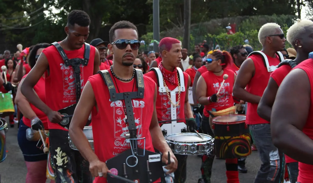Group dressed in red for Mardi Gras parade